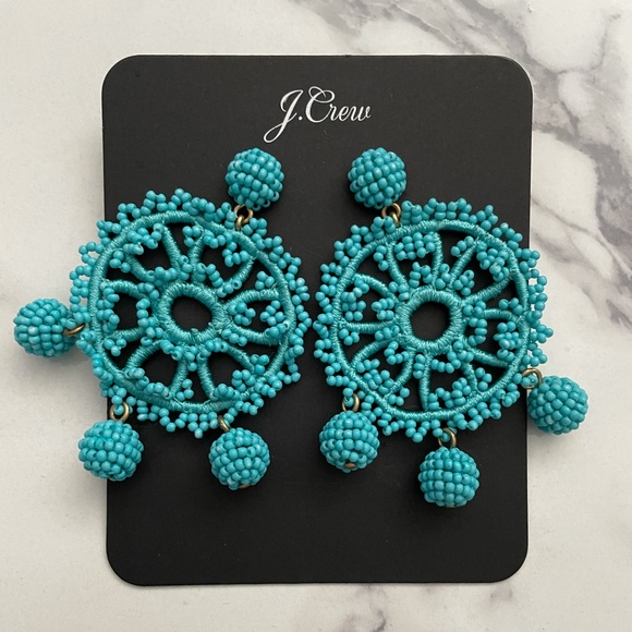 JCREW Beaded Crochet Earrings NWT OS Aqua - Picture 5 of 6